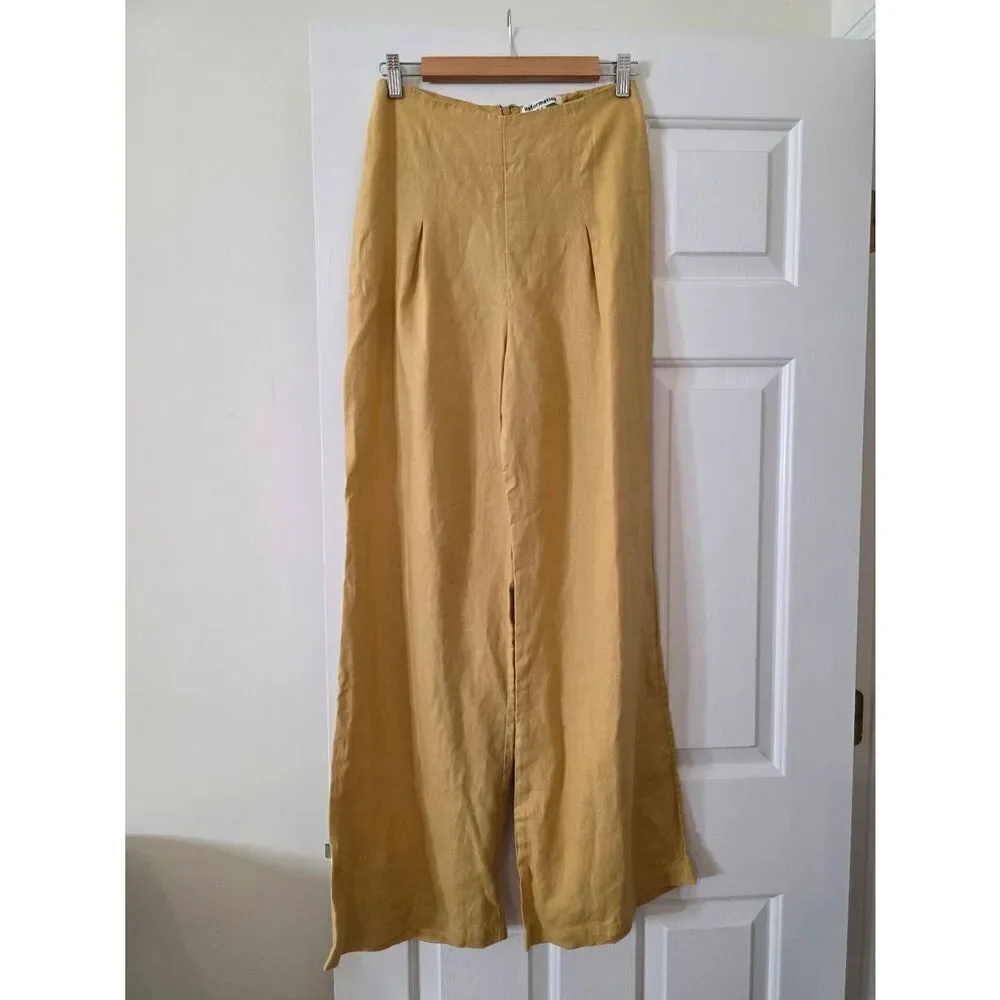 Reformation Yellow Linen High Waisted Wide-Leg Pants 6